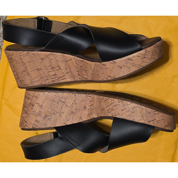 Clarks Collection Soft Cushion Size 8.5M Cork Wedge 3" Heel Sandals Slides Black - Picture 2 of 7